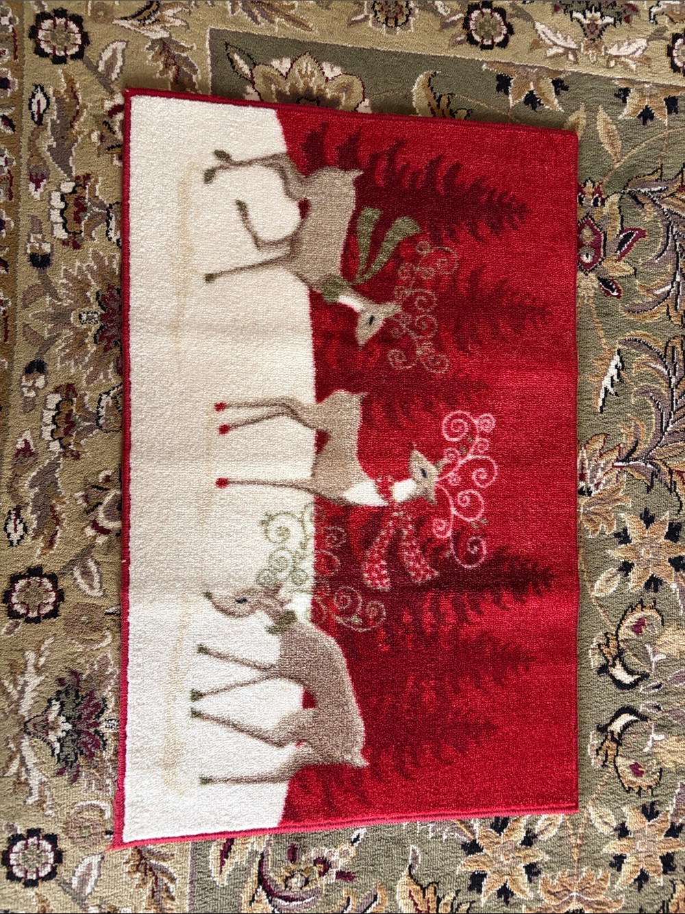 St. Nicholas Square Red and Cream Reindeer Holiday Mat